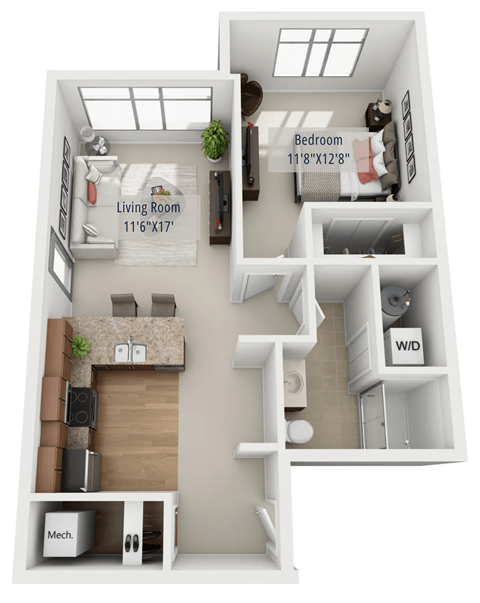 Floor plan for 1 bed, 1 bath, 725 sqft