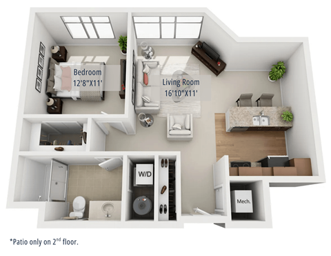 Floor plan for 1 bed, 1 bath, 747 sqft