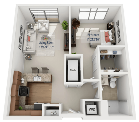 Floor plan for 1 bed, 1 bath, 753 sqft