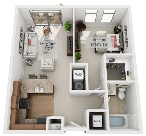 Floor plan for 1 bed, 1 bath, 762 sqft
