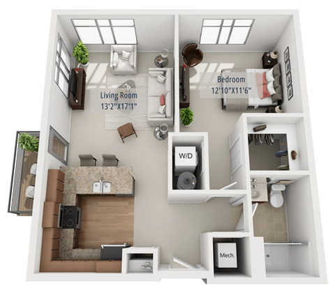 Floor plan for 1 bed, 1 bath, 767 sqft