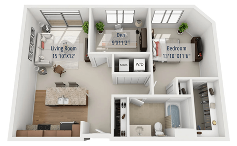 Floor plan for 1 bed, 1 bath, 892 sqft