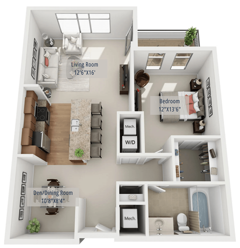 Floor plan for 1 bed, 1 bath, 927 sqft