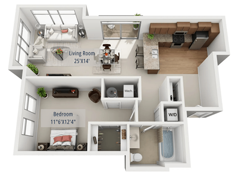 Floor plan for 1 bed, 1 bath, 929 sqft