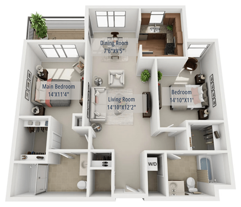 Floor plan for 2 beds, 2 baths, 1138 sqft