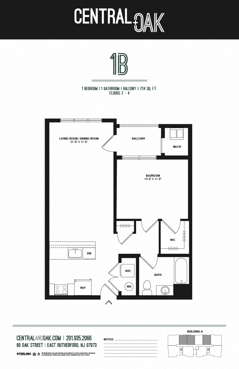 Floor plan for 1 bed, 1 bath, 724 sqft
