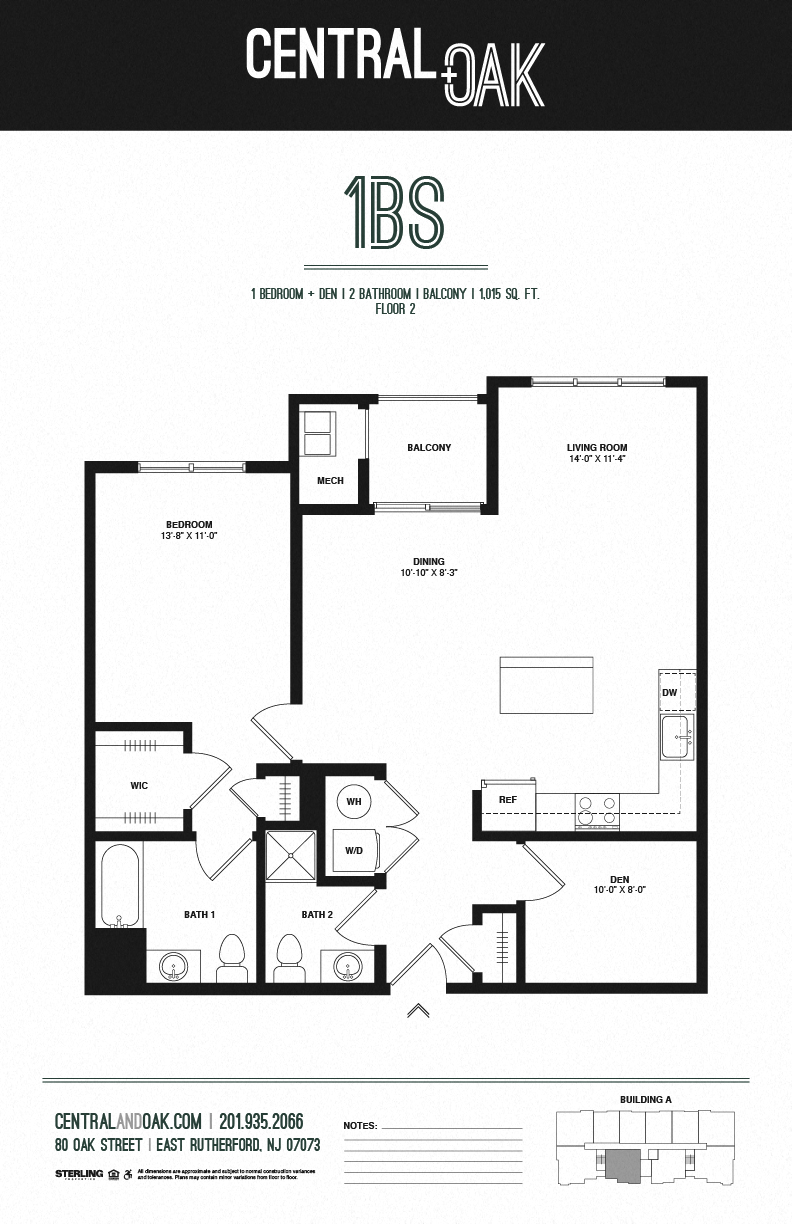 Floor plan for 1 bed, 2 baths, 1015 sqft