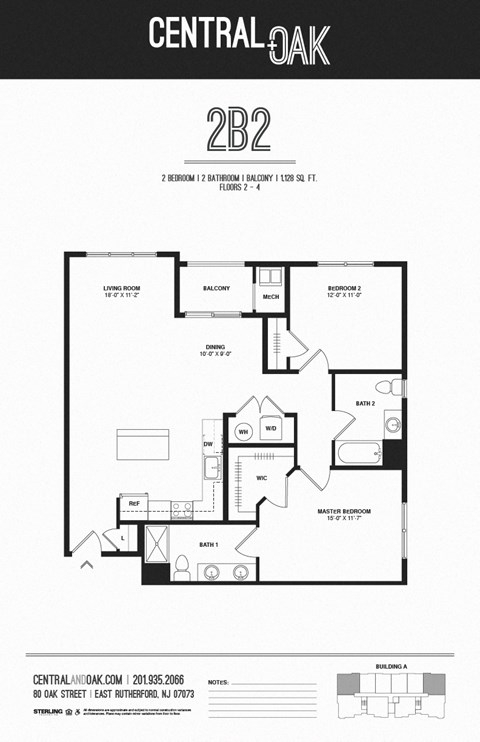 Floor plan for 2 beds, 2 baths, 1128 sqft