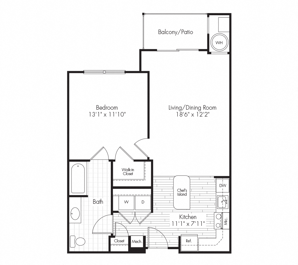 Floor plan for 1 bed, 1 bath, 732 sqft