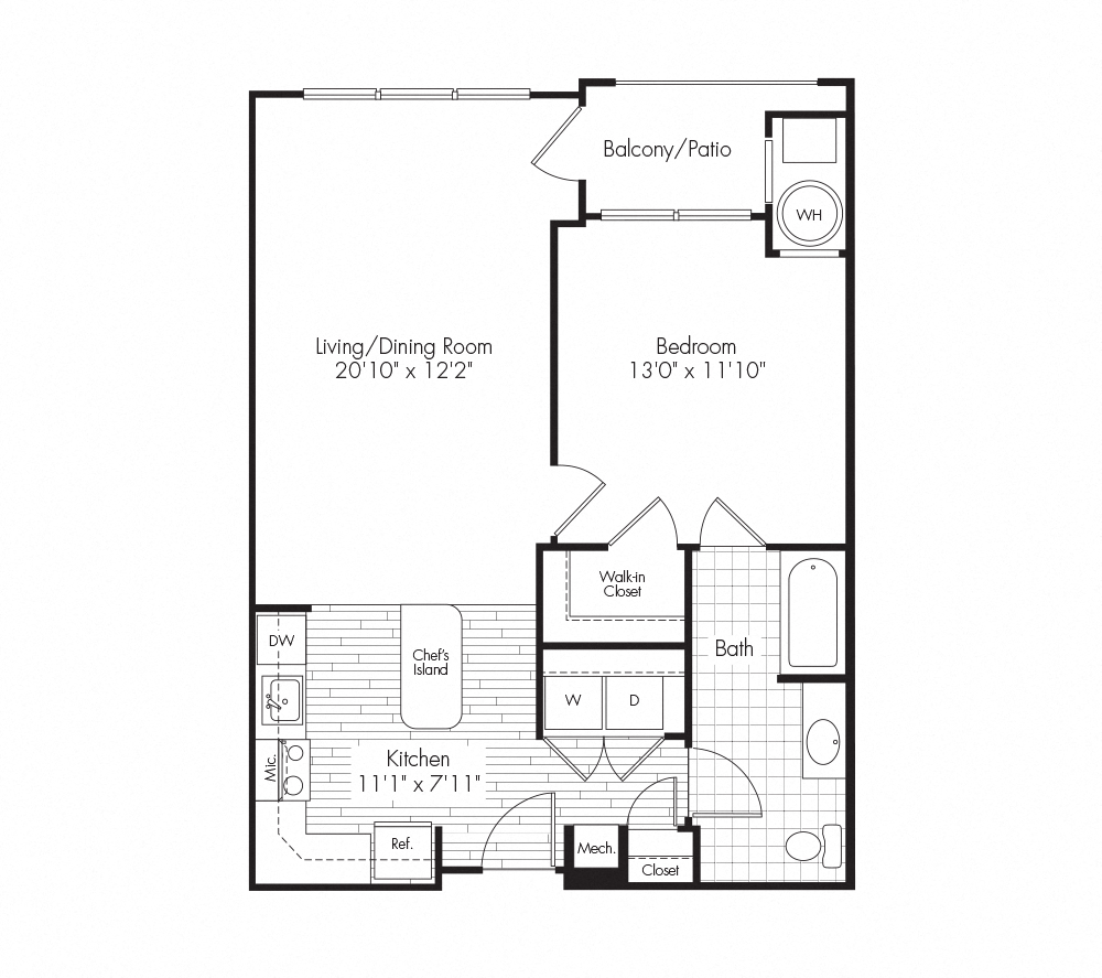 Floor plan for 1 bed, 1 bath, 756 sqft