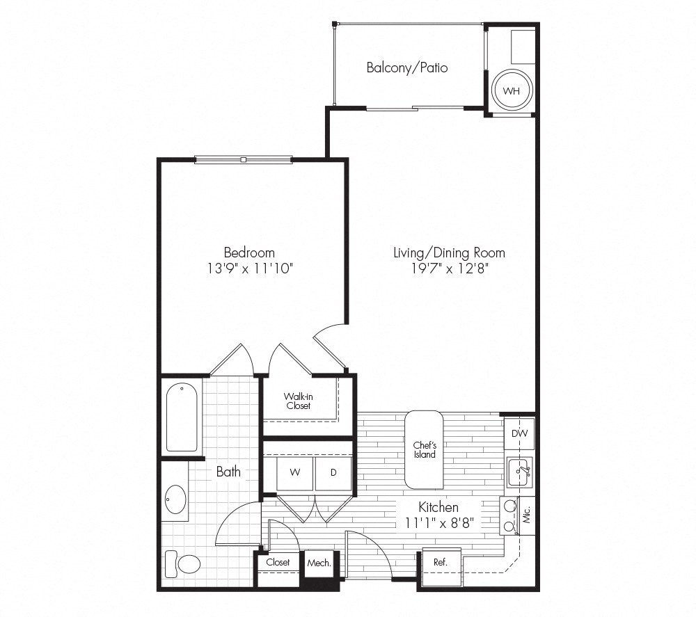 Floor plan for 1 bed, 1 bath, 767 sqft
