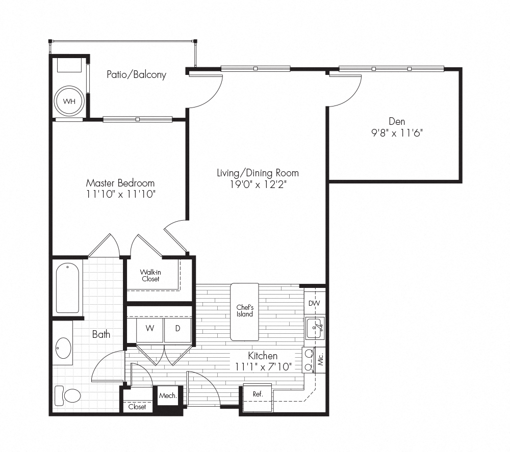Floor plan for 1 bed, 1 bath, 827 sqft