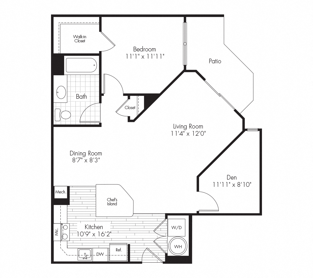 Floor plan for 1 bed, 1 bath, 876 sqft