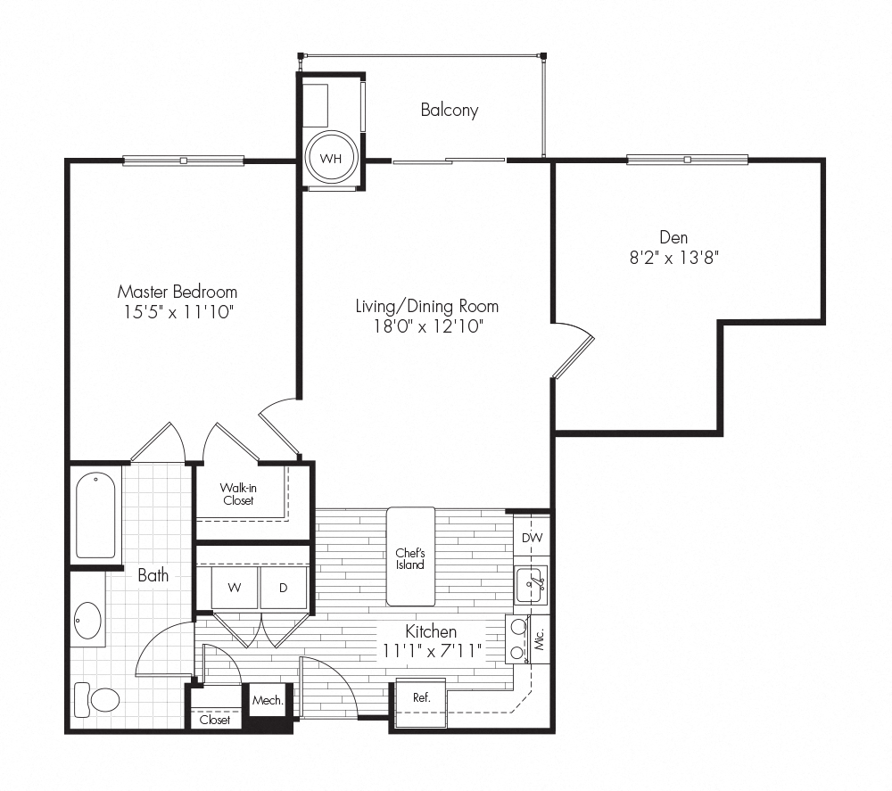 Floor plan for 1 bed, 1 bath, 933 sqft