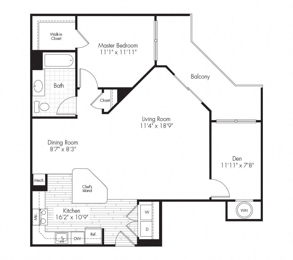 Floor plan for 1 bed, 1 bath, 980 sqft