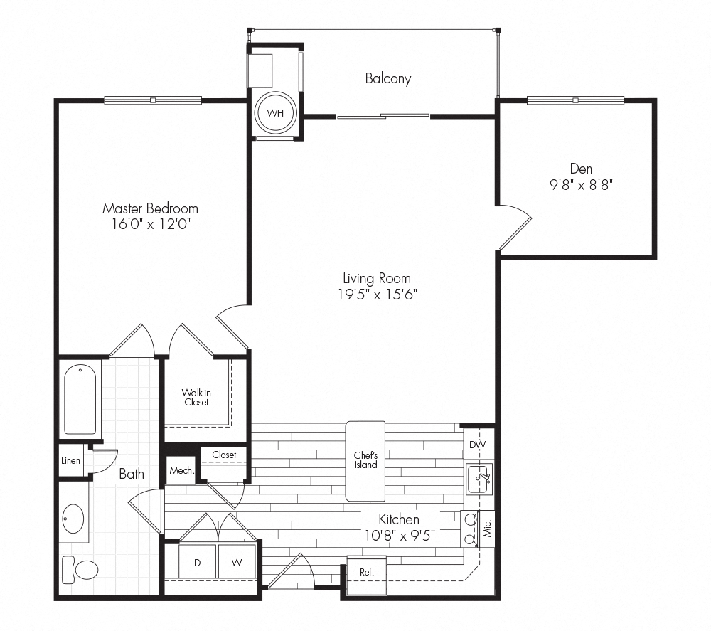 Floor plan for 1 bed, 1 bath, 990 sqft
