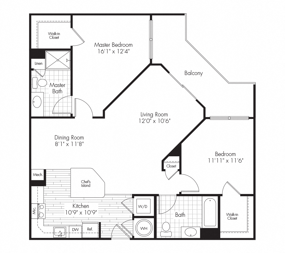 Floor plan for 2 beds, 2 baths, 1050 sqft