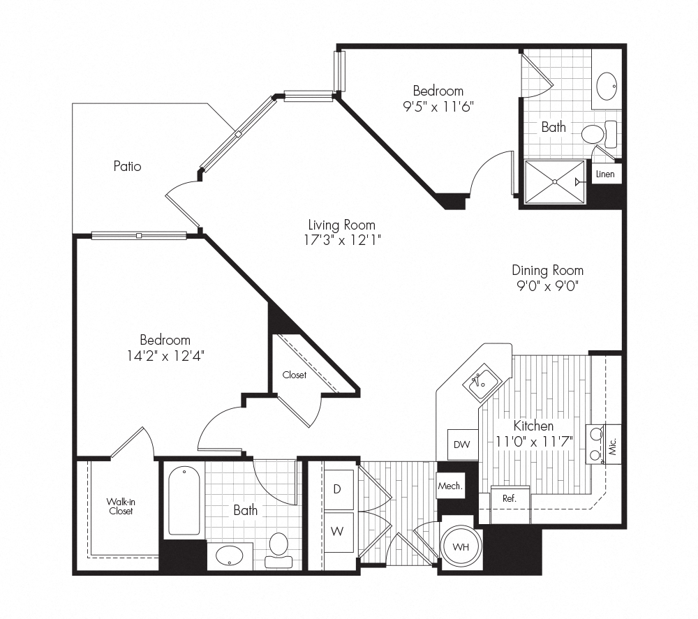 Floor plan for 2 beds, 2 baths, 1056 sqft