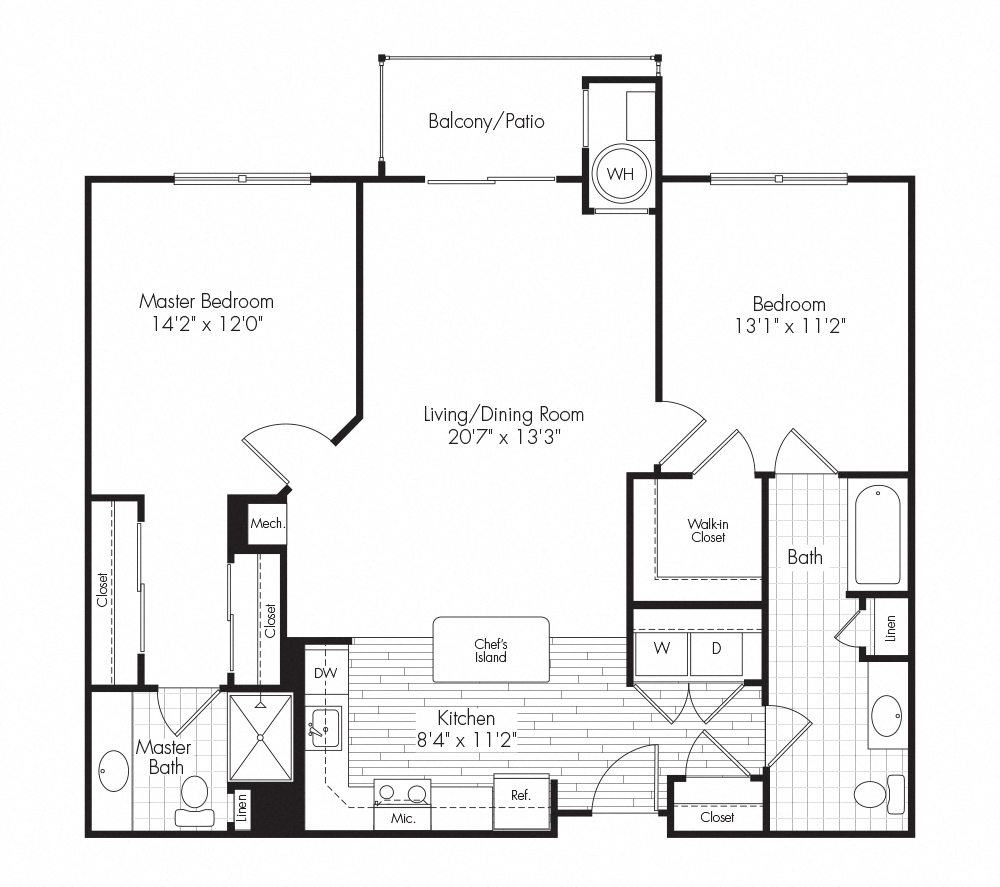 Floor plan for 2 beds, 2 baths, 1118 sqft