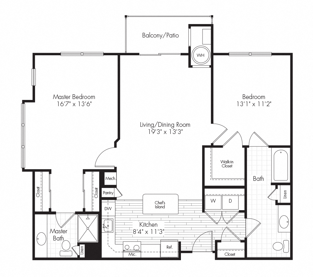 Floor plan for 2 beds, 2 baths, 1133 sqft