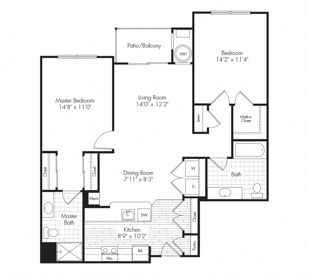Floor plan for 2 beds, 2 baths, 1142 sqft