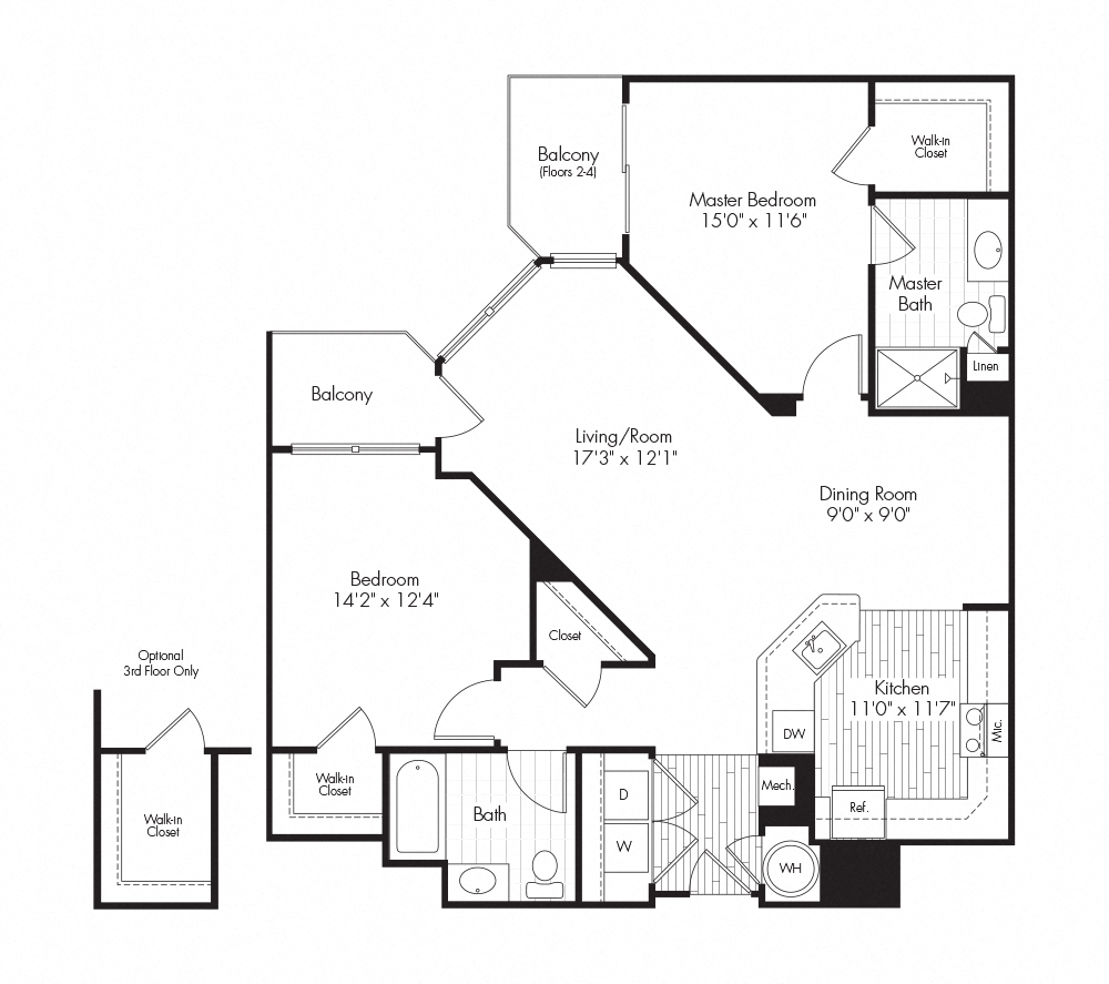 Floor plan for 2 beds, 2 baths, 1138 sqft