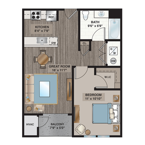 Floor plan for 1 bed, 1 bath, 694 sqft