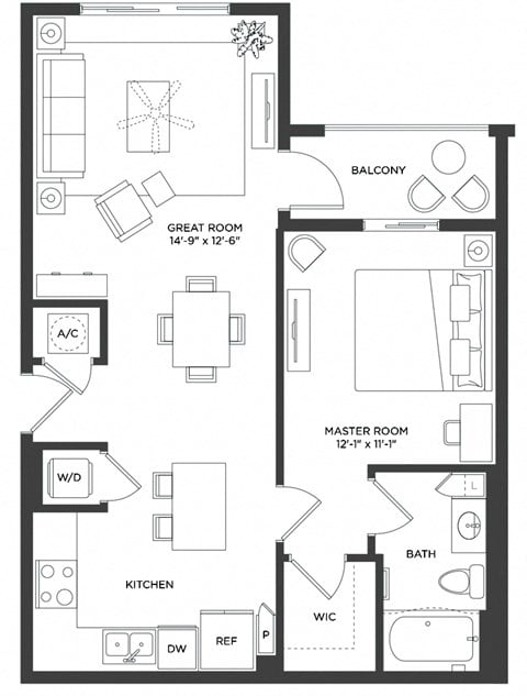 Floor plan for 1 bed, 1 bath, 765 sqft