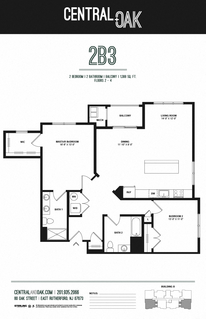 Floor plan for 2 beds, 2 baths, 1308 sqft