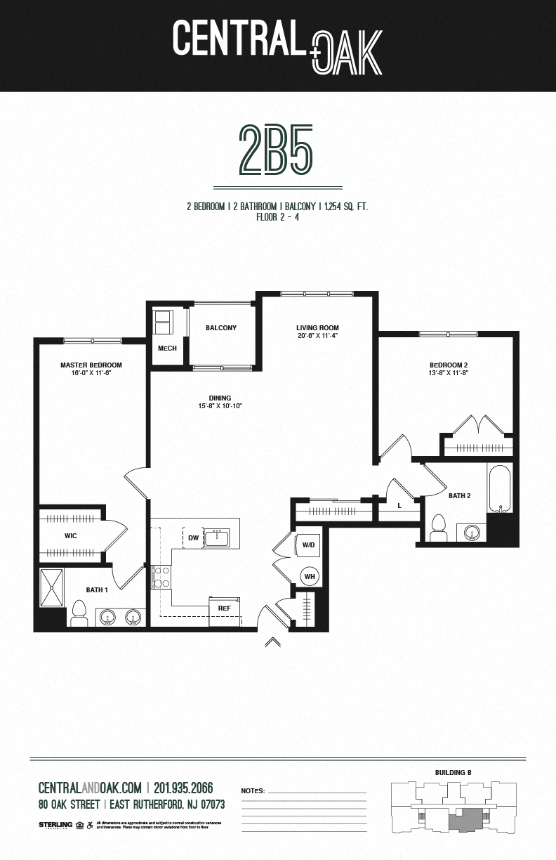 Floor plan for 2 beds, 2 baths, 1254 sqft