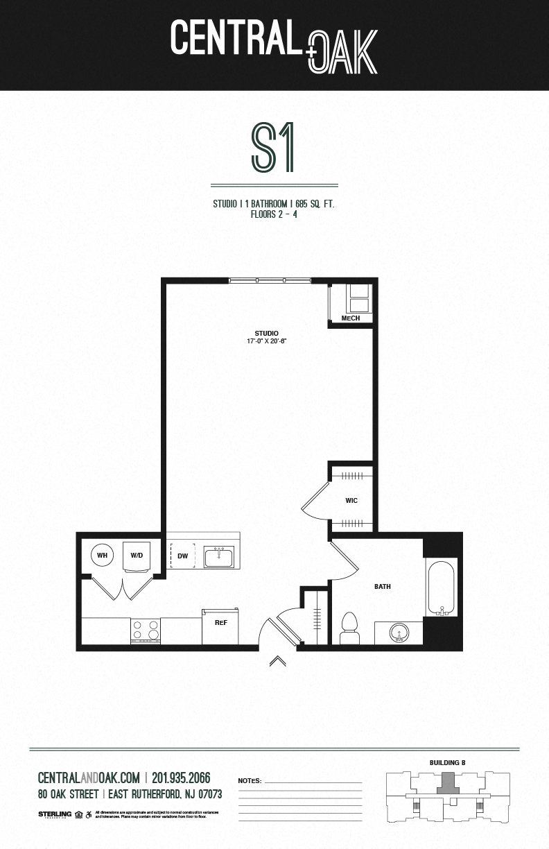 Floor plan for studio, 1 bath, 685 sqft
