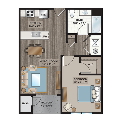 Floor plan for 1 bed, 1 bath, 718 sqft