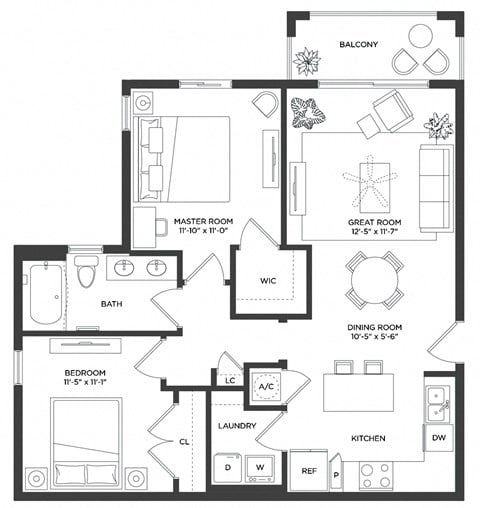 Floor plan for 2 beds, 1 bath, 940 sqft