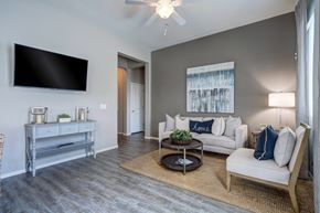 Litchfield Park apartment for rent - Modern living room with gray sofa at Vistoria On Camelback Apartments, Arizona