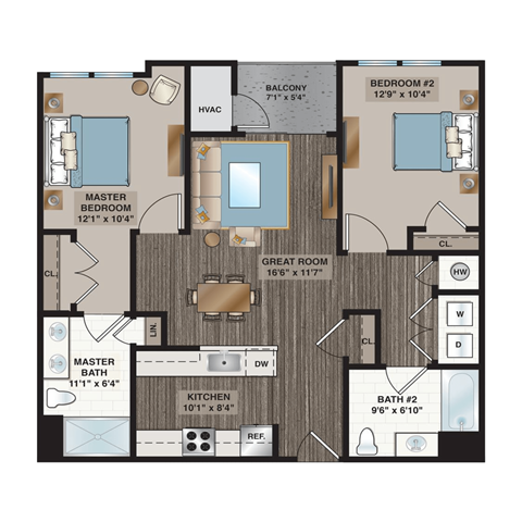Floor plan for 2 beds, 2 baths, 1003 sqft