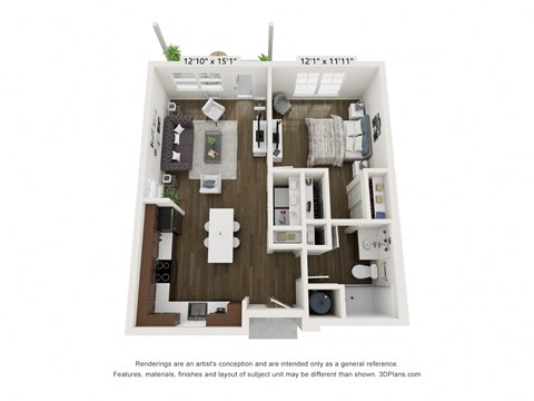 Floor plan for 1 bed, 1 bath, 711 sqft