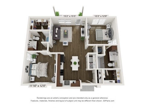 Floor plan for 2 beds, 2 baths, 1000 sqft