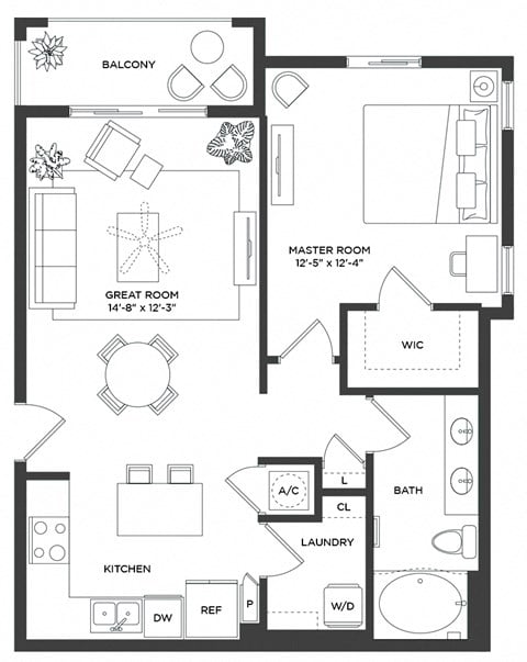 Floor plan for 1 bed, 1 bath, 794 sqft