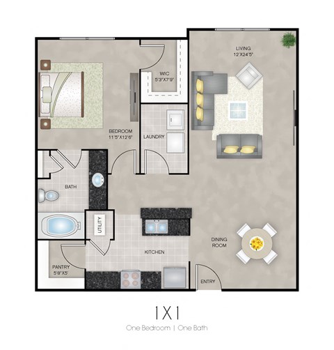 Floor plan for 1 bed, 1 bath, 882 sqft