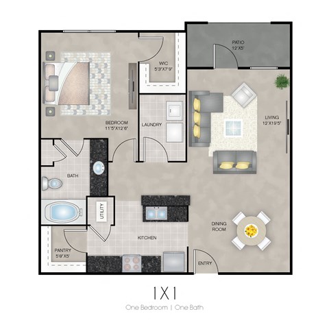 Floor plan for 1 bed, 1 bath, 816 sqft