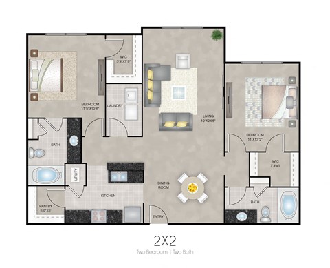 Floor plan for 2 beds, 2 baths, 1162 sqft