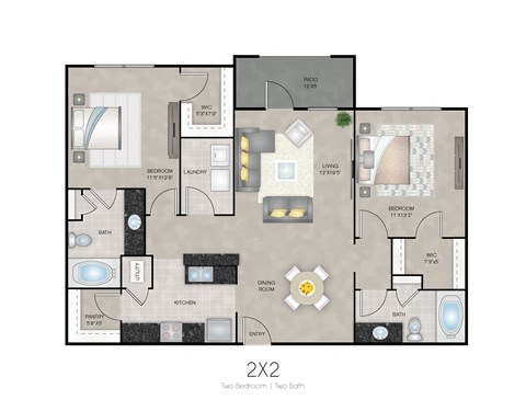 Floor plan for 2 beds, 2 baths, 1097 sqft