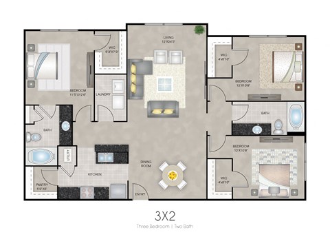 Floor plan for 3 beds, 2 baths, 1378 sqft