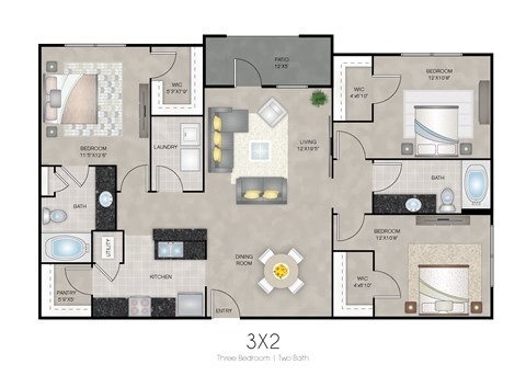 Floor plan for 3 beds, 2 baths, 1308 sqft