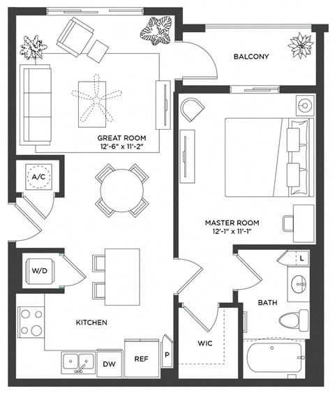 Floor plan for 1 bed, 1 bath, 694 sqft