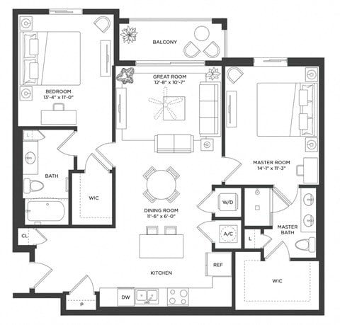 Floor plan for 2 beds, 2 baths, 1158 sqft