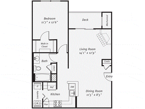 Floor plan for 1 bed, 1 bath, 893 sqft