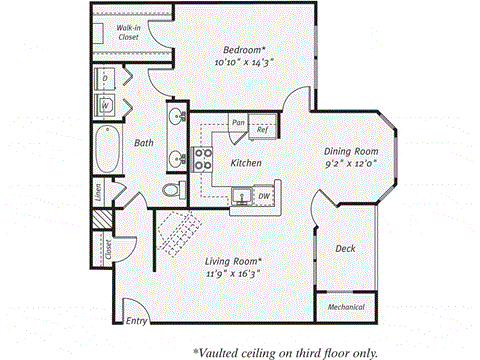 Floor plan for 1 bed, 1 bath, 827 sqft