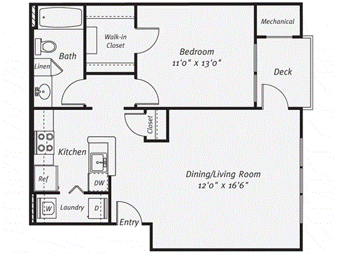 Floor plan for 1 bed, 1 bath, 799 sqft