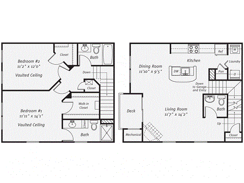 Floor plan for 2 beds, 3 baths, 1286 sqft